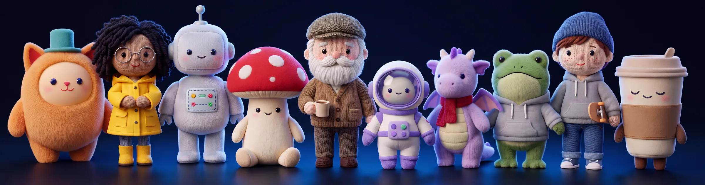 Ten plush muses in a row: a cat in a top hat, a girl in a raincoat, a robot, a mushroom, a bearded man with a mug, an astronaut, a dragon, a frog in a hoodie, a teenager with a skateboard and a coffee cup
